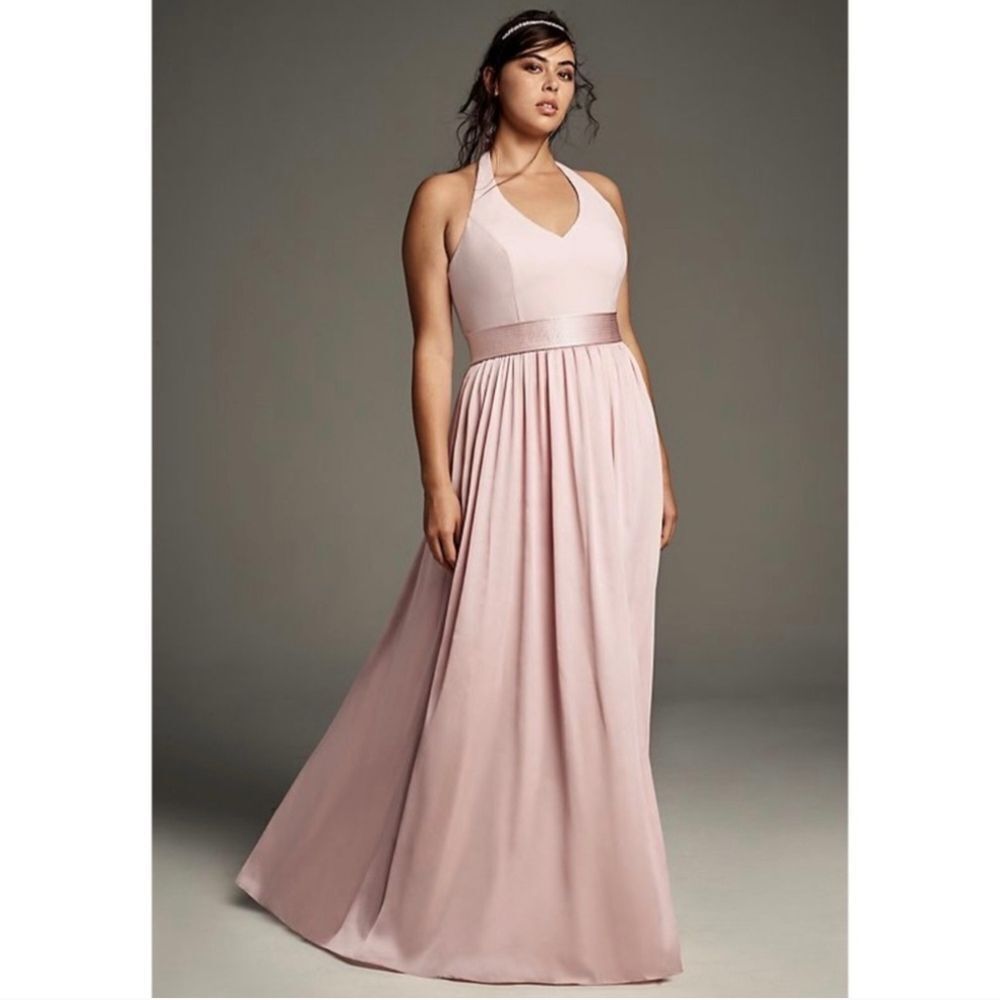 Vera Wang White Blush Halter Satin Fit & Flare High Pocket Slit Maxi Gown 8